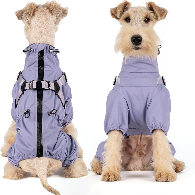 Mile High Life Waterproof Dog Raincoat, Full Coverage Small Dog Rain Coat with Harness, Adjustable 4 Legs Puppy Rain Jacket with Reflective Strip and Elastic Cuffs (Purple, XS Back Length 11.4")