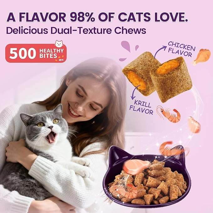 Cat Multivitamin with Fish Oil, 500 Crunchy & Creamy Chews - 10 In 1 Vitamins Supports Energy, Bone, Joint, Skin & Coat Health - with Omega 3s, Taurine, Biotin for Cat All Breeds & Ages - Krill Flavor
