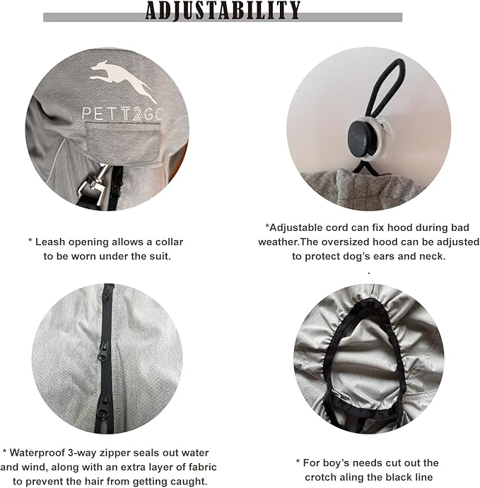 Dog Lightweight Windbreaker, Pet Outdoor Sports Jacket, 0.5 lbs,3 in One, Hooded, Easy on/Off with Collar and Harness, Reflective Piping, Packable, Dog Hiking/Camping, Grey (Medium)