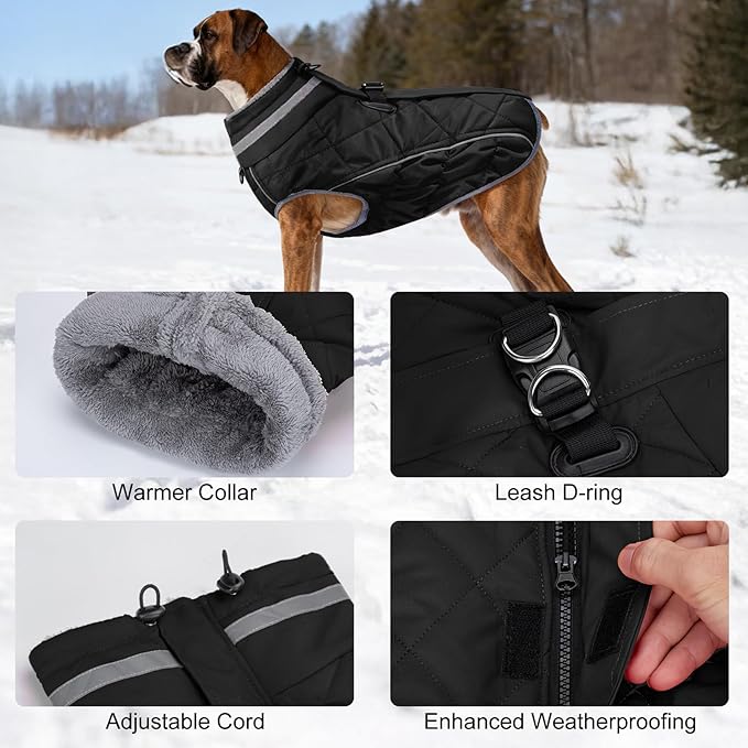 Dog Coat, Warm Dog Winter Coat for Large Dogs, Waterproof Jacket with Harness Built in, Reflective Turtleneck Cold Weather Coats with Zipper,Pet Fleece Vest Snow Jacket, Black L