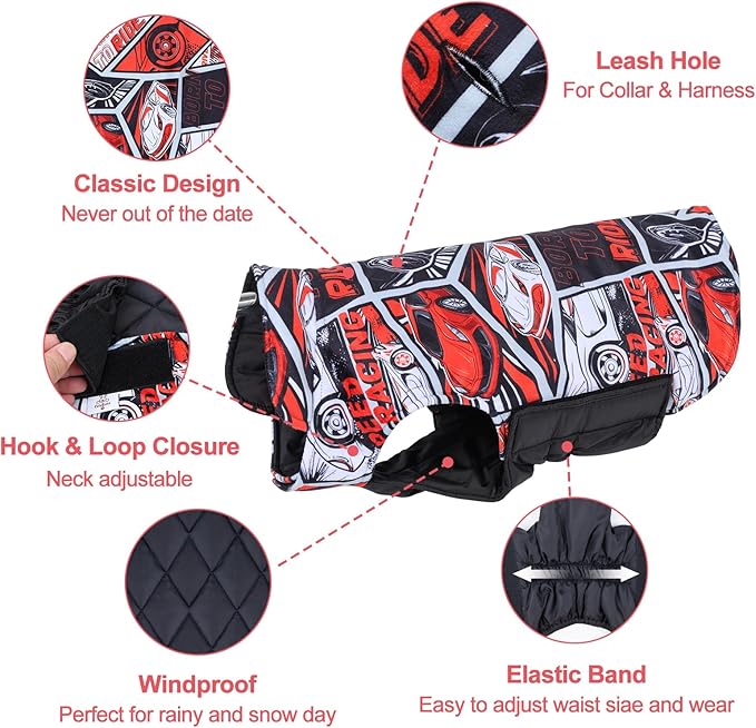 GMF30L Winter Dog Coat - Waterproof Windproof Reversible Jacket with Leash Hole - Thick Soft Coat for Small to Large Dogs - Cold Weather Protection