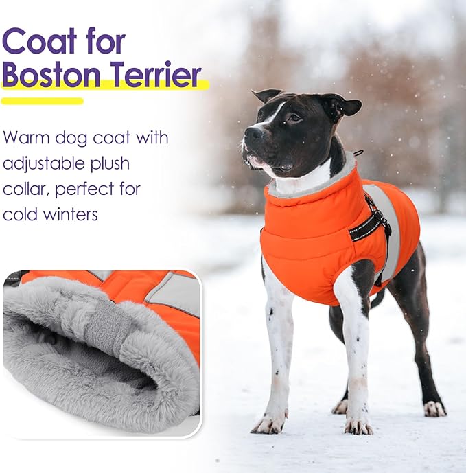 SUNFURA Small Dog Coat with Harness Built in, Warm Dog Jacket Winter with Zipper On Back, Waterproof Pet Snow Jacket Snowsuit Pet Sweater Clothes for Schnauzer, Yorkshire Terrier, Orange S