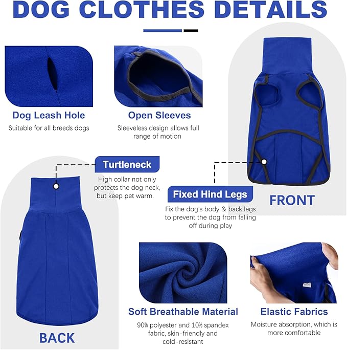 ROZKITCH Dog Winter Coat Soft Pullover Pajamas with Built-in Leash Hole, Pet Windproof Warm Cold Weather Jacket Vest Cozy Jumpsuit Apparel Outfit Clothes for Walking Hiking Travel Sleep Blue S