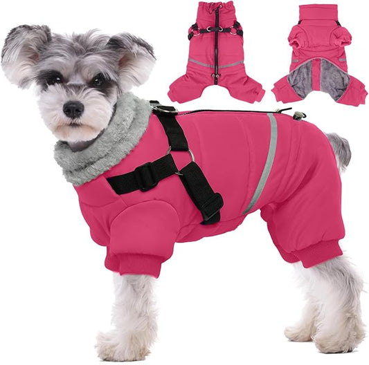 BRKURLEG Dog Winter Coat with Harness Built in, Winter Dog Jacket for Small and Medium Dogs, Small Dogs Snowsuit Reflective Windproof Cold Weather Coat, Puppy Warm Fleece Coats, Hot Pink, L