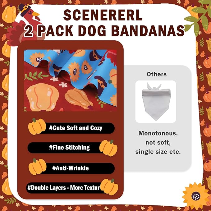 SCENEREAL Thanksgiving Dog Bandanas 2 Pack, Puppy Fall Orange Turkey Triangle Bibs Handkerchief, Reversible Holiday Dog Bandana for Boy and Girl, Premium Pet Scarf for Small Medium Large Dogs XL