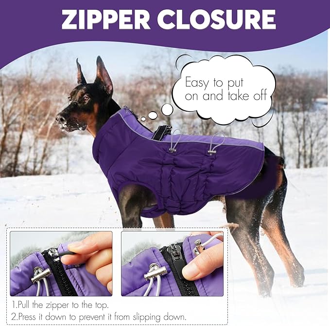 IDOMIK Warm Dog Coat with Harness, Waterproof Reflective Dog Jackets for Small Medium Large Dogs, Fleece High Collar Winter Jacket with Zipper, Pet Winter Snowsuit Clothes for Cold Weather,Purple XL