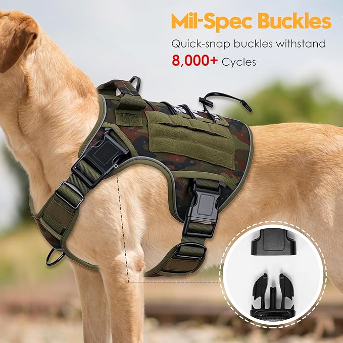 Heavy-Duty Tactical Dog Harness for Large Dogs, No Pull Adjustable Reflective Pet Vest with Molle System, K9 Military-Grade Control for Service Training, Outdoor & 10+ Breeds, Green Camo, X-Large