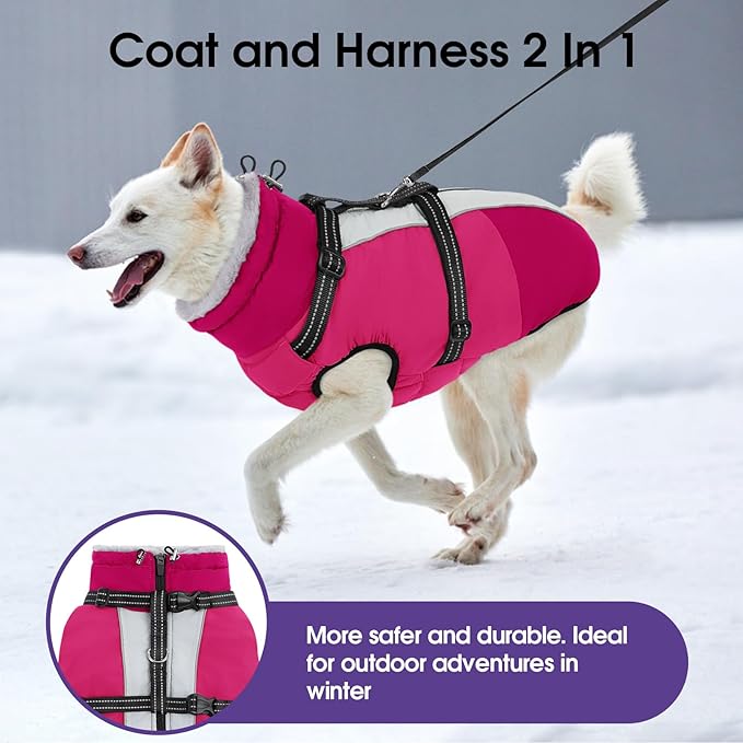 SUNFURA Dog Coat, Warm Dog Jacket with Harness Built in, Waterproof Pet Winter Coat Snowsuit with Zipper, Reflective Fleece Jacket for Extra Large Dogs, Weimaraner, Hot Pink XXL