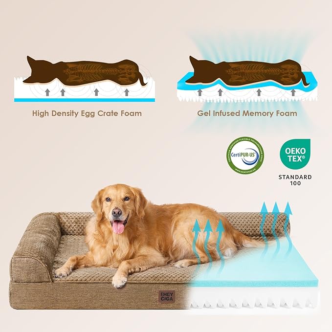 EHEYCIGA Memory Foam Dog Bed Large Sized Dogs, Waterproof Dog Bed Orthopedic with Washable Removable Cover, Non-Slip Pet Bed Couch, 36x27x6 Inches, Camel