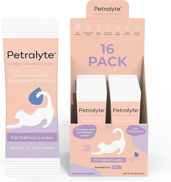 Petralyte Cat Hydration Electrolyte and Cat Joint Supplement | Hydration Support for Cats w/Glucosamine, Chondroitin, L-Glutamine, Taurine, Lysine & Prebiotics | for Salmon Lovers | 16 Packets