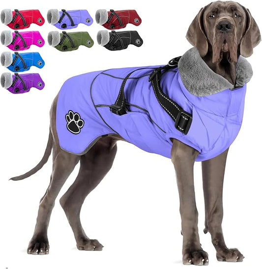 Doglay Dog Coat with Harness, Reflective Warm Dog Jacket Waterproof Puppy Winter Coat for Cold Weather, Adjustable Fleece Jacket for Small Medium Large Dogs