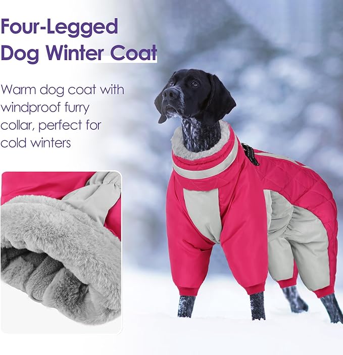SUNFURA Full Body Dog Coat - Warm Fleece Jacket for Large Dogs, Turtleneck Winter Coats with Harness, Reflective Windproof Dog Snowsuit with Legs for Labrador,Golden Retriever, Hot Pink 2XL