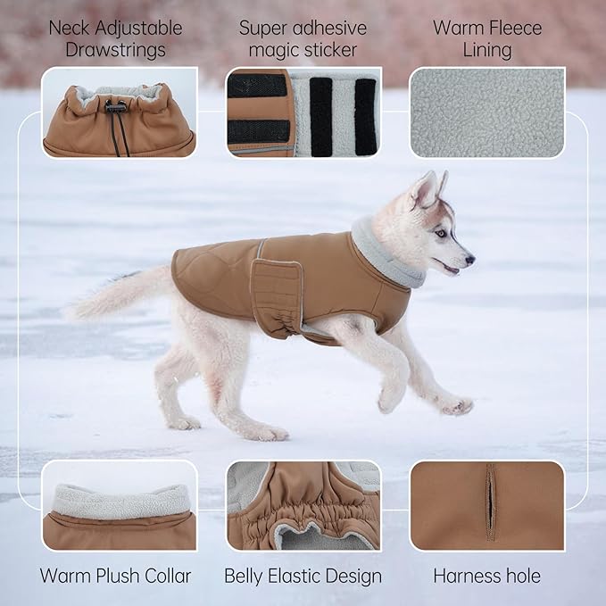 BRKURLEG Dog Winter Coat, Warm Dog Jackets for Small and Medium Large Dogs, Reflective Adjustable Pet Cold Weather Coats, Waterproof Windproof Dogs Snow Jacket Clothes Warm Vest (M, Khaki)