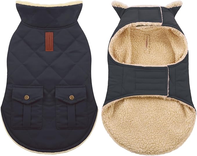 ASENKU Warm Dog Winter Coat, Waterproof Dog Coat for Cold Weather, Fleece Dogs Jacket with Ultra Thick Plush Lining Leash Hole Storage Pockets for Small Dogs (Navy Blue, Small)