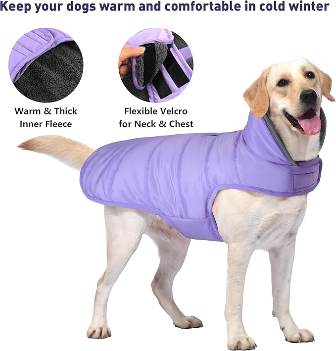 Dog Winter Coat, Waterproof Dog Jacket with Leash Hole, Reflective Adjustable Pet Snow Vest, Warm Fleece Sweater for Small Medium Large Dogs - Light Purple, XS