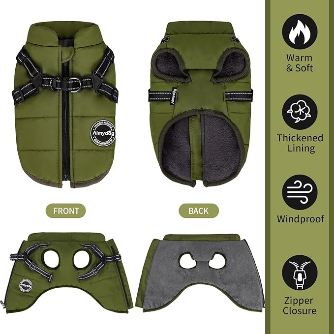 Warm Dog Winter Coat, Windproof & Waterproof Jacket with Built-in Harness, Reflective & Adjustable Comfortable Pet Vest for Small Dogs (Green)