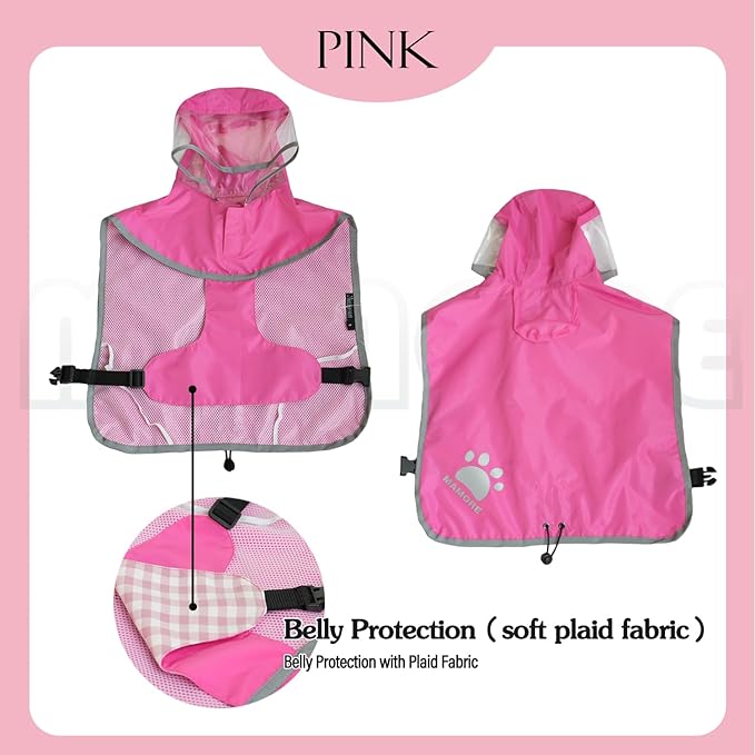 MAMORE Dog Raincoat Hooded Rain Jacket for Small Medium Large Dogs Slicker Poncho Bottom Waterproof Adjustable Reflective Breathable Leash Hole (Pink, Medium)