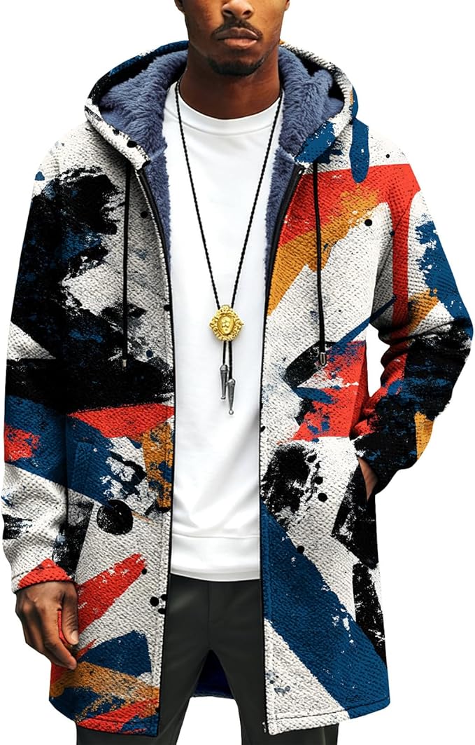 Mens Long Cardigan Hoodies Full Zip Fleece Lined Jackets Fashion Knitted Color Block Hooded Coat with Pockets