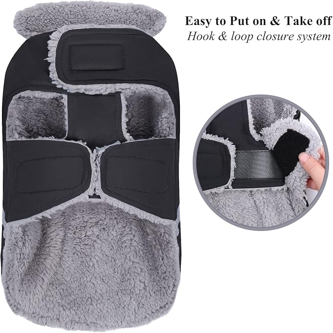 VIVAGLORY Frostfit Dog Coat, Dog Jacket for Winter & Cold Weather, Warm Fluffy Fleece Lined Water Resistant Reflective for Puppy, Coat with Velcro Fastening & Leash Hole, M+, Black