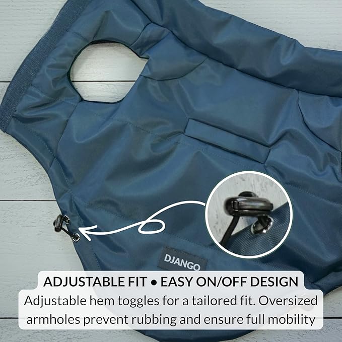 DJANGO Reversible Puffer Dog Coat – Warm Winter Dog Jacket & Water-Repellent Insulated Dog Coat w/Harness Hole, Windproof, Adjustable Fit for Small & Medium Dogs, Dachshunds – Twilight Blue, Large