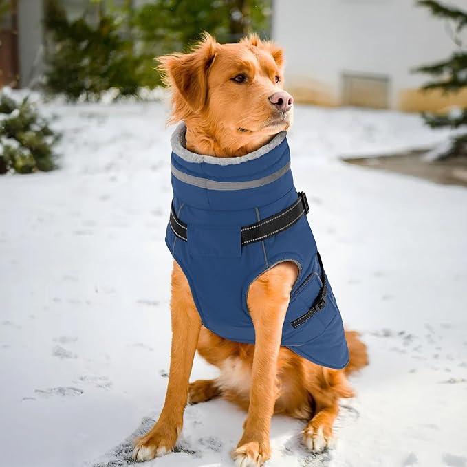 PETDSH Dog Coat Large, Built-in Harness Dog Jacket with Warm Fleece Lining, Waterproof Reflective Dogs Winter Coat, Pet Coats with Pocket and Trash Bags (Navy Blue, XX-Large)