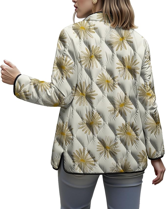 LIZALIG Women's Cropped Puffer Jacket Lightweight Floral Print Long Sleeve Padded Quilted Puffy Cardigan Coat