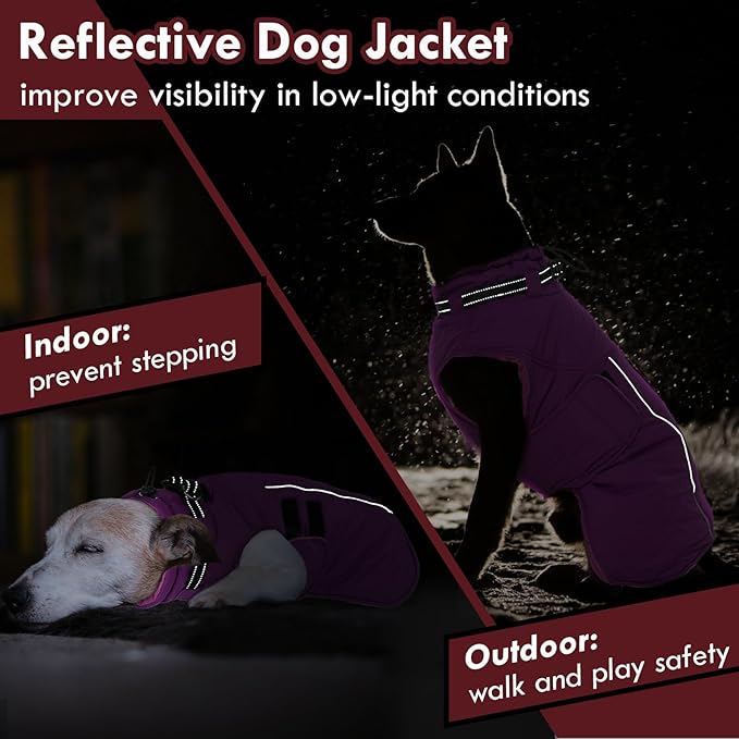 Large Dog Jacket, Waterproof Winter Coat with Harness Built in, Reflective Adjustable Hook&Loop Dog Snowsuit Cold Weather, Warm Snow Coat for Dogs French Bulldog, L Purple