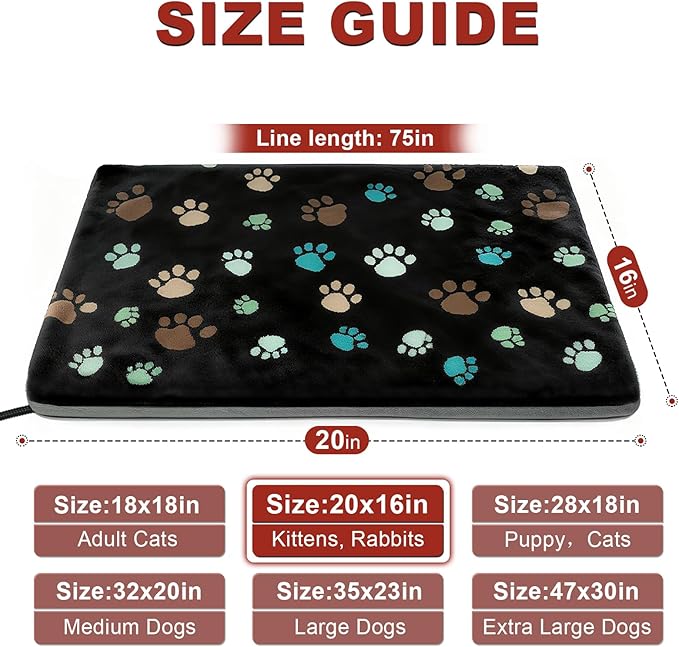 Pet Heating Pad 20x16 in with Smart Thermostat Switch and Power Line Protection Tube,Obtained MET and UL Dual Certification,Waterproof Pet Heating Pad for Dogs with Plush Fabric Cover-Black