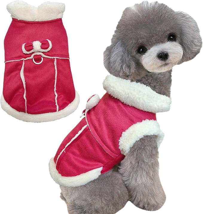 Jecikelon Bowtie Dog Cold Weather Coat Fleece Lining Warm Pet Puppy Turtleneck Dogs Winter Clothes for Small Dogs with D-Ring (Red, Large)