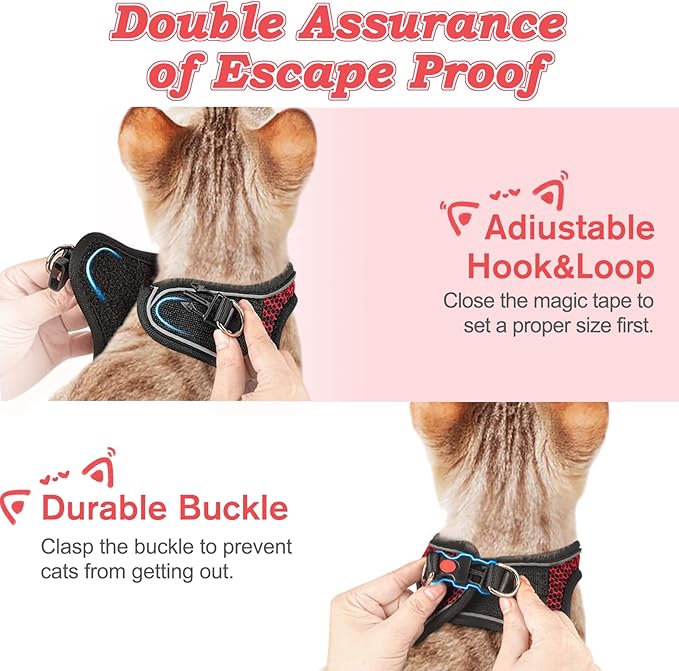 Cat Harness and Leash for Walking Escape Proof, Adjustable Kitten Vest Harness Reflective Soft Mesh Puppy Harness for Outdoor, Comfort Fit, Easy to Control (Red, L)