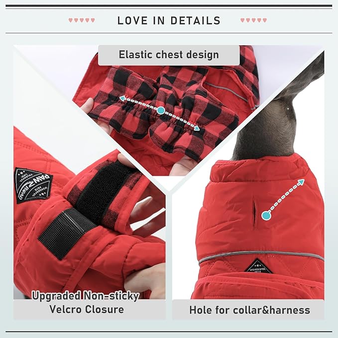 PAWZ Road Dog Winter Coat with 5 Layers Warm Material, Reversible Dog Clothes with 2 Sides, Dog Jacket Outdoor Water Repellent, (Red Plaid 2XL)