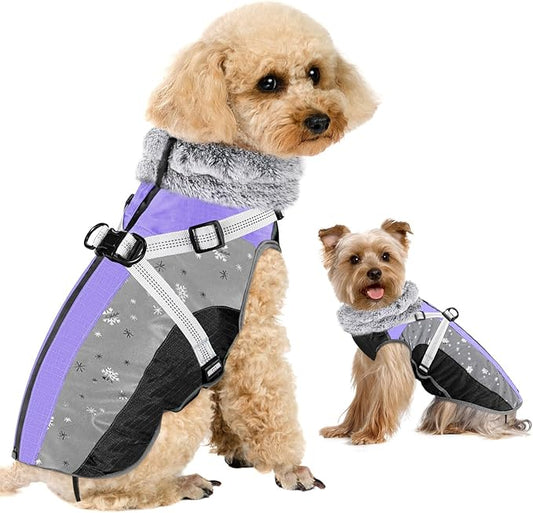 SlowTon Dog Jacket with Harness Built in - Waterproof Fleece Winter Warm Dog Coats for Small Medium Dogs, Reflective Adjustable Furry Puppy Vest Clothes for Outdoor Walking (Purple & Grey, S)