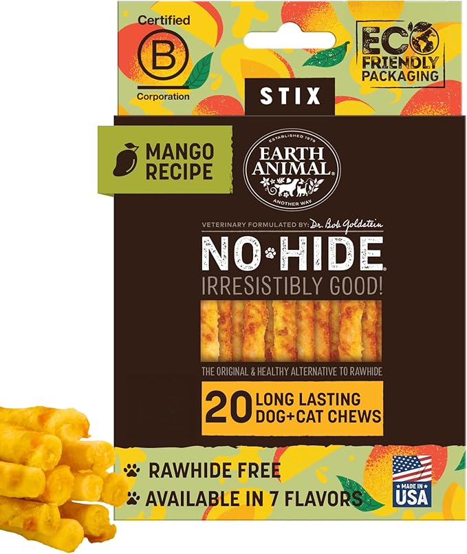 Earth Animal No Hide Stix - Long Lasting Rawhide Free Small Dog Chews Sticks, Mango - 20 Count Value Pack