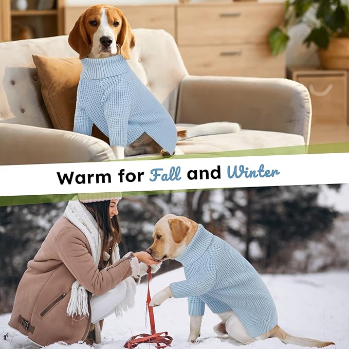 Queenmore Soft Warm Large Dog Sweater, Dog Sweaters for Large Breeds, Pet Christmas Sweater, Waffle Knit Extra Large Doggie Sweatershirt, Pull-on Pet Turtleneck Sweater, Blue 3XL