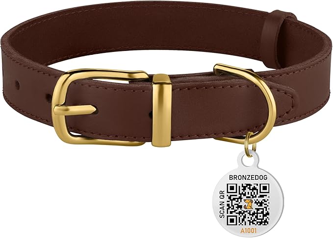 BRONZEDOG Leather Dog Collar with QR ID Tag Basic Pet Collars for Small Mini Dogs Cats Puppies (7-9 Inch (Pack of 1), Dark Brown & Gold Buckle)
