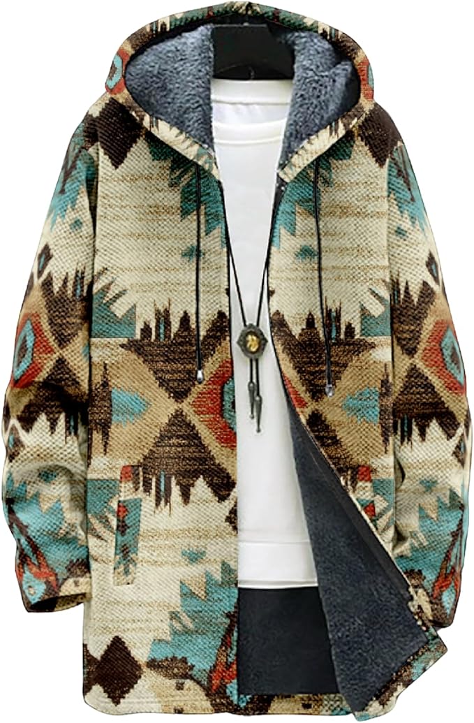Mens Aztec Print Hoodie Heavyweight Cotton Fleece Jacket Zip Up Warm Long Sleeve Hooded Winter Midi Coat