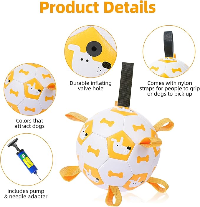 Dog Toys Soccer Ball, Soccer Ball with Straps, Interactive Dog Toys for Tug of War, Dog Water Toy, Durable Dogs Balls for Small Medium & Large Dogs