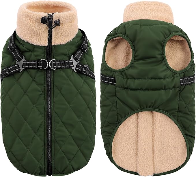 Queenmore Dog Jackets for Large Dogs, Dog Coat with Harness Built-in, Thick Fleece Lining Waterproof Jacket for Large Breeds, Back Zipper Pet Winter Jacket for Retriever, Labrador, ArmyGreen XL