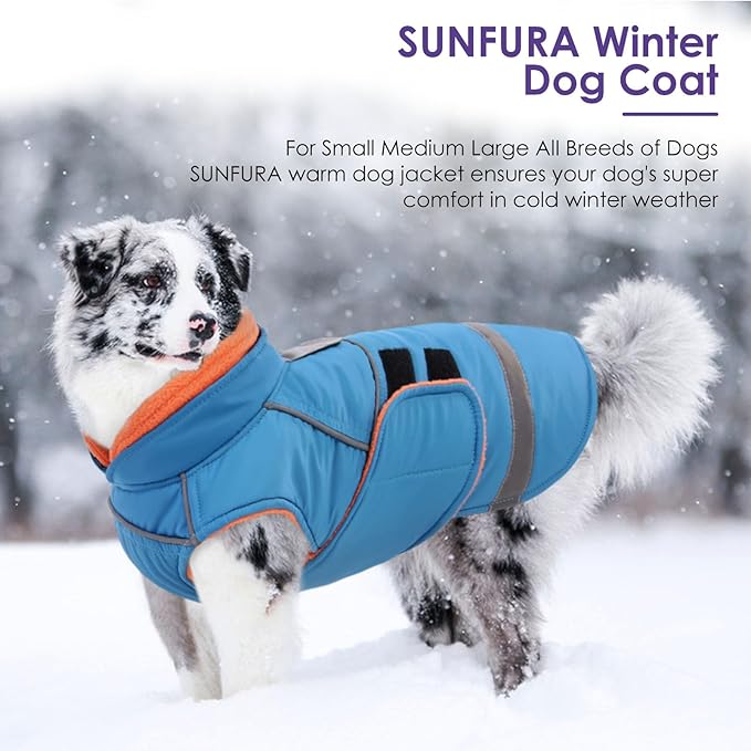 SUNFURA Dog Coat, Large Dog Jacket for Cold Weather, Reflective Winter Coat with Hook & Loop Closure, Easy On Pet Winter Jacket Snowsuit for Large Dogs, Turquoise L