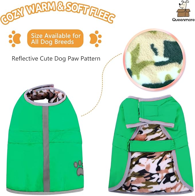 Queenmore Dog Winter Coat, Cold Weather Fleece Jacket for Dogs, Waterproof Reflective Reversible, for Small, Medium and Large Dogs (Green, S)