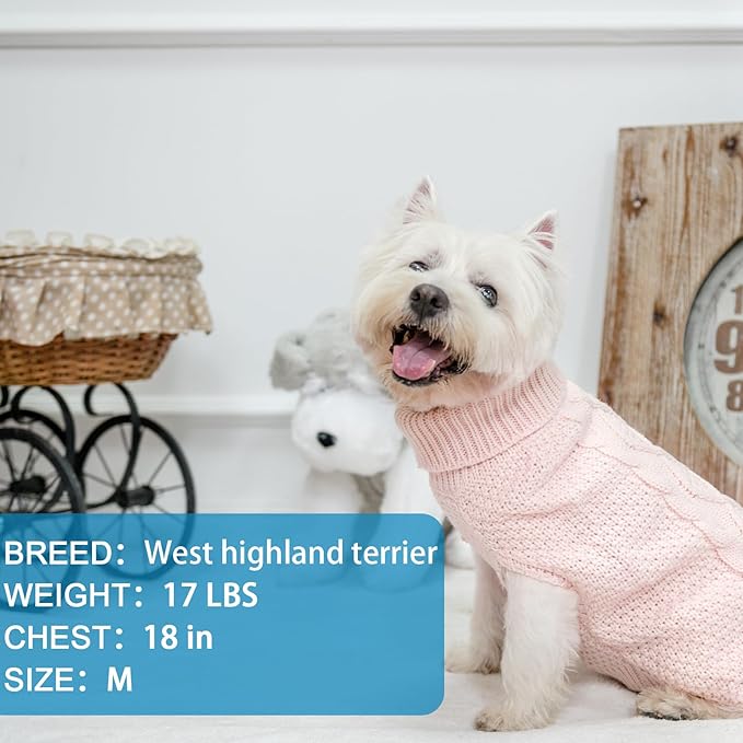 Mihachi Turtleneck Dog Sweater - Winter Coat Apparel Classic Cable Knit Clothes with Leash Hole for Cold Weather, Ideal Gift for Pet in New Year Rosy Small