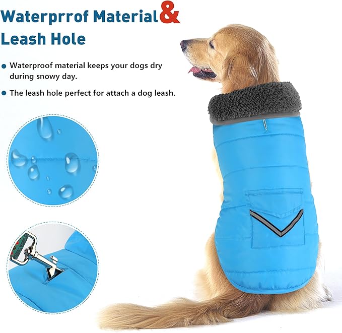 Dog Coat, Waterproof Dog Winter Jacket with Pocket, Reflective Adjustable Pet Snow Vest, Warm Cozy Fleece Sweater for Small Medium Extra Large Dogs - Sky Blue, 3XL