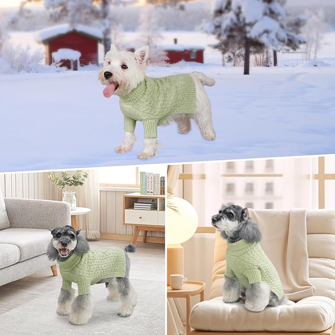 KYEESE Dog Sweater Warm Pet Coats with Classic Cable Knit Long Sleeve Knitwear Dogs Clothes, Turtleneck Stretchy Dog Sweater for Small Dogs, Green, Small