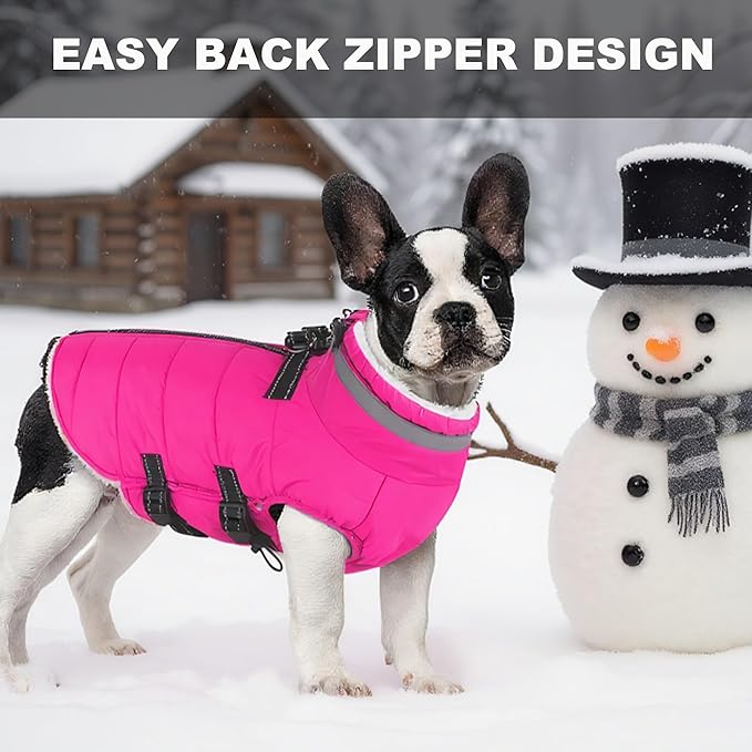 Large Dog Coat with Harness Built-in, Waterproof Reflective Fleece Lined - Warm Windproof Winter Jacket with Back Zipper, Cold Weather Snow Dog Coats - Pink - 3XL