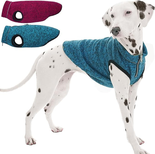 ROZKITCH XX-Large Dog Sweater, Lightweight Jacket with Fleece Lining, Knit Pet Coats for Large with Zipper Opening for Harness, Adjustable Neck Reflective Pet Jacket for Fall Blue 2XL