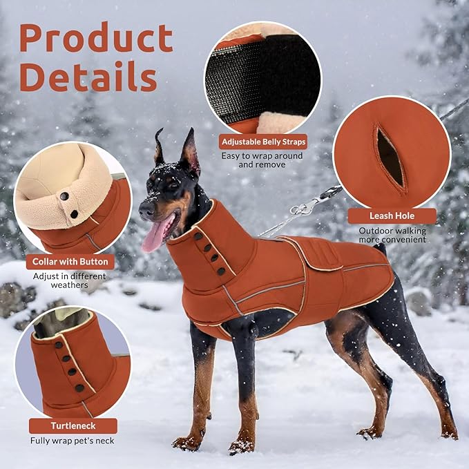 ASENKU Warm Dog Coat, Waterproof Dog Jackets for Large Dogs with Reflective Fleece Vest Turtleneck with Button,Windproof Cold Weather Coats for Small Medium Large Dogs, Red Brown, 3XL