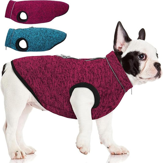 ROZKITCH M Dog Sweater, Knit Jacket with Fleece Lining, Pet Coats for Small Dogs with Zipper Opening for Harness, Fleece Jumpsuit with Adjustable Neck Reflective Pet Jacket Rosered M
