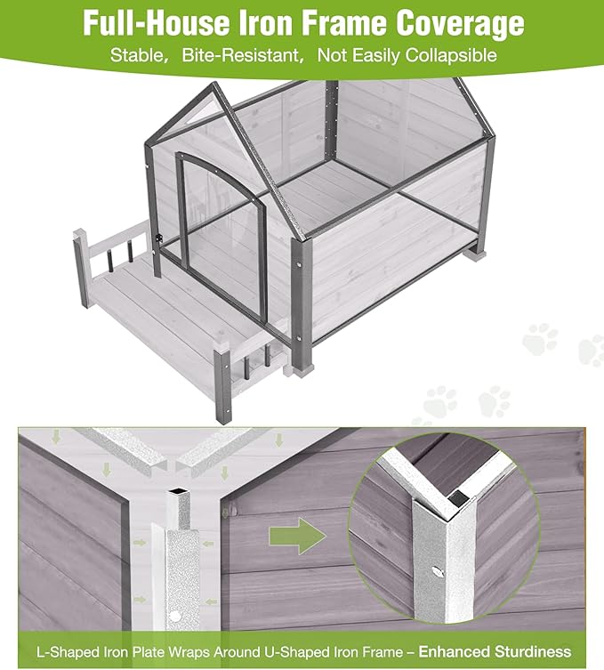 GUTINNEEN Insulated Dog House Outdoor, Waterproof Dog Kennel with Anti-Bite Design, Asphalt Roof, Elevated Base, PVC Curtain, for Small to Medium Dogs - Grey