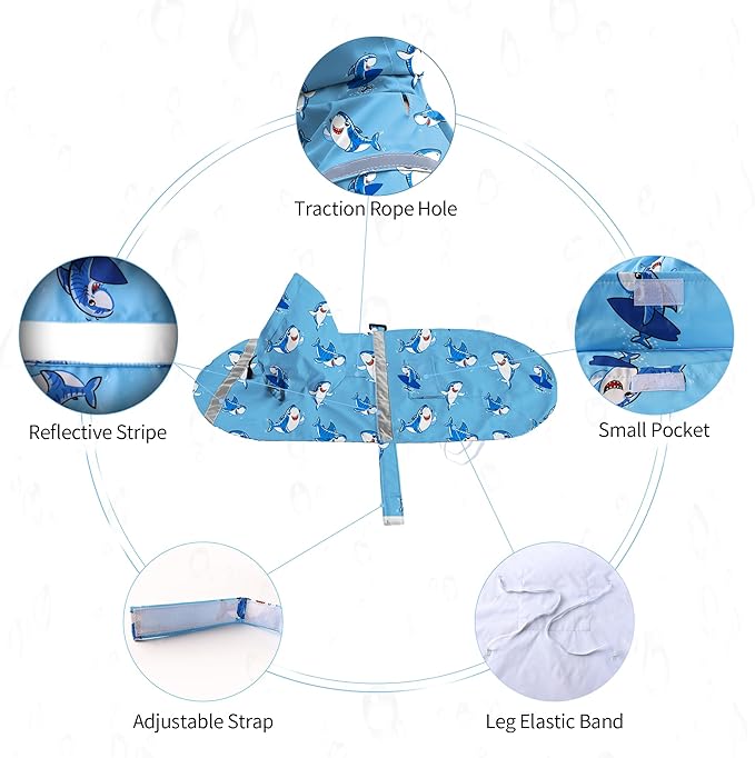 NACOCO Large Dog Raincoat Adjustable - Pet Shark Water Proof Clothes Lightweight Rain Jacket Poncho Hoodies with Strip Reflective Blue (2XL, Blue Shark)