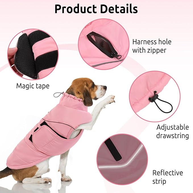 Peferhouse Dog Warm Winter Coats for Large Dogs Female, Dog Cold Weather Coat Dog Windproof Reflective Jacket with Harness Hole Thick Dog Vest Jacket Pink 2XL